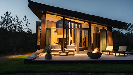 Modern outdoor living space with the contemporary Mix 850 fire pit creating warmth and atmosphere on a patio beside a glass-walled home